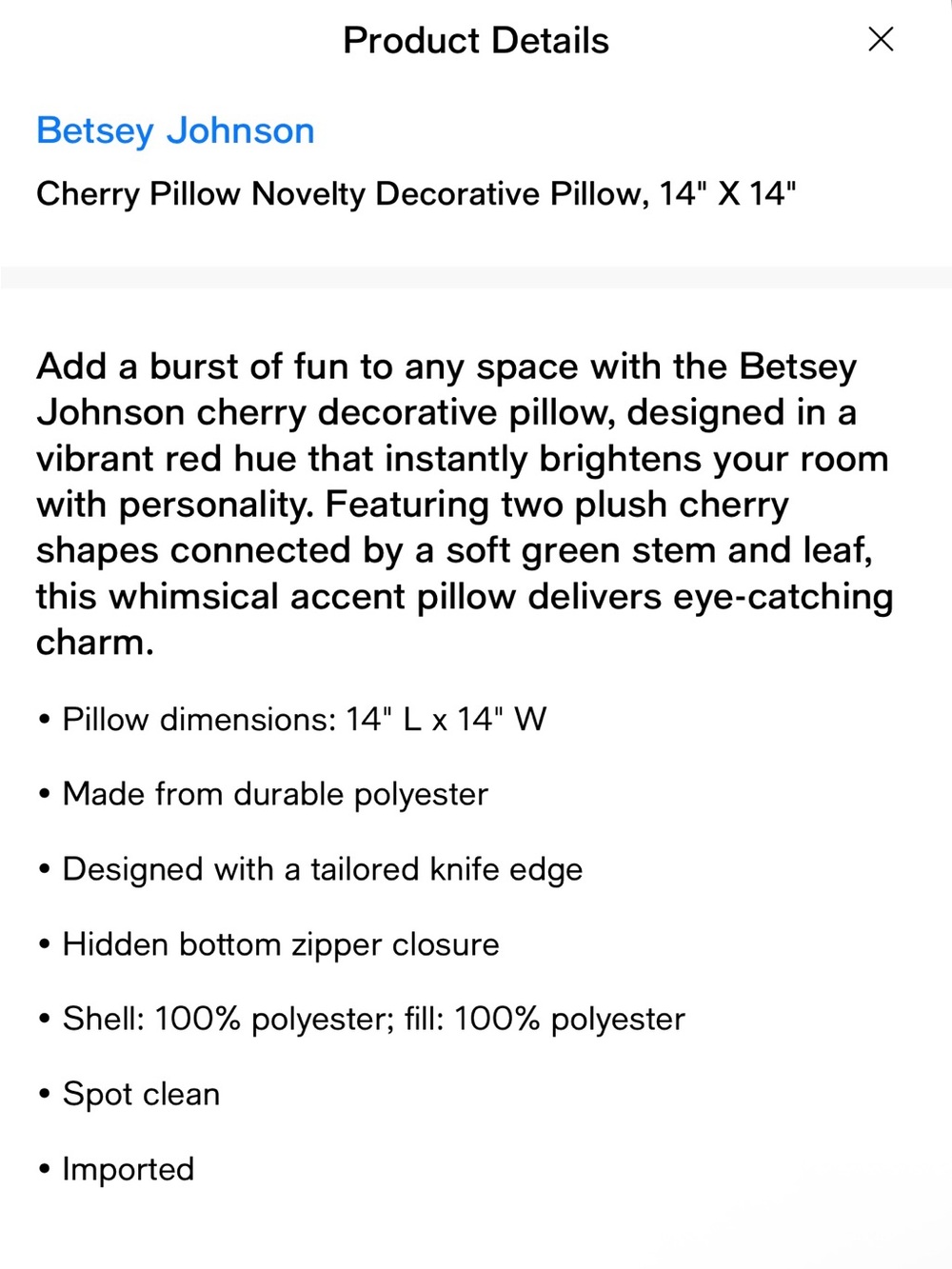 Betsey Johnson Cherry Novelty Decorative Pillow - Picture 4 of 4